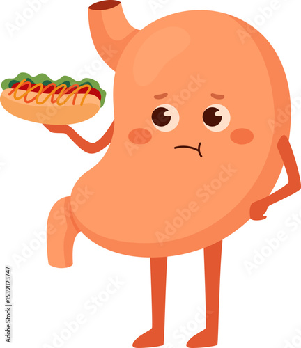 Stomach Cartoon Eating Unhealthy Fast Food

