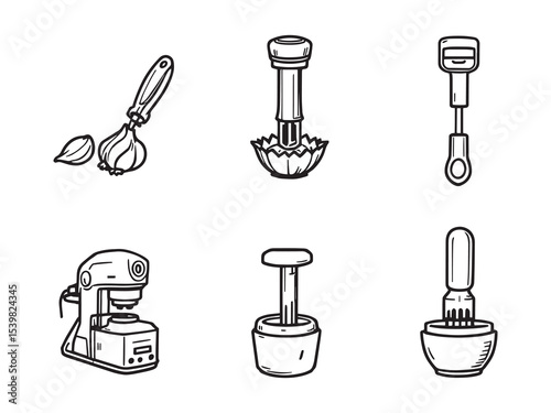 Garlic press kitchen tool simple line art vector illustration