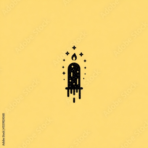 Minimalist black line art candle with dripping wax, surrounded by small stars on a pale yellow background