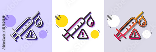Vaccine attention line icon. Halftone dotted pattern. Gradient icon with grain shadow. Vaccination syringe warning sign. Jab symbol. Line vaccine attention icon. Various designs. Vector