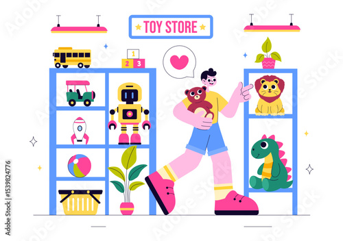 Toy Store Vector Illustration Featuring Different Types of Toys Such as Cars, Teddy Bears, Kites, Rockets, Trains, and More for Happy Children