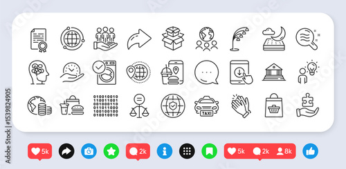 Skin condition, Taxi and Global business line icons pack. Social media: share, comment, like icons. Global insurance, Group people, Court building web icon. Vector
