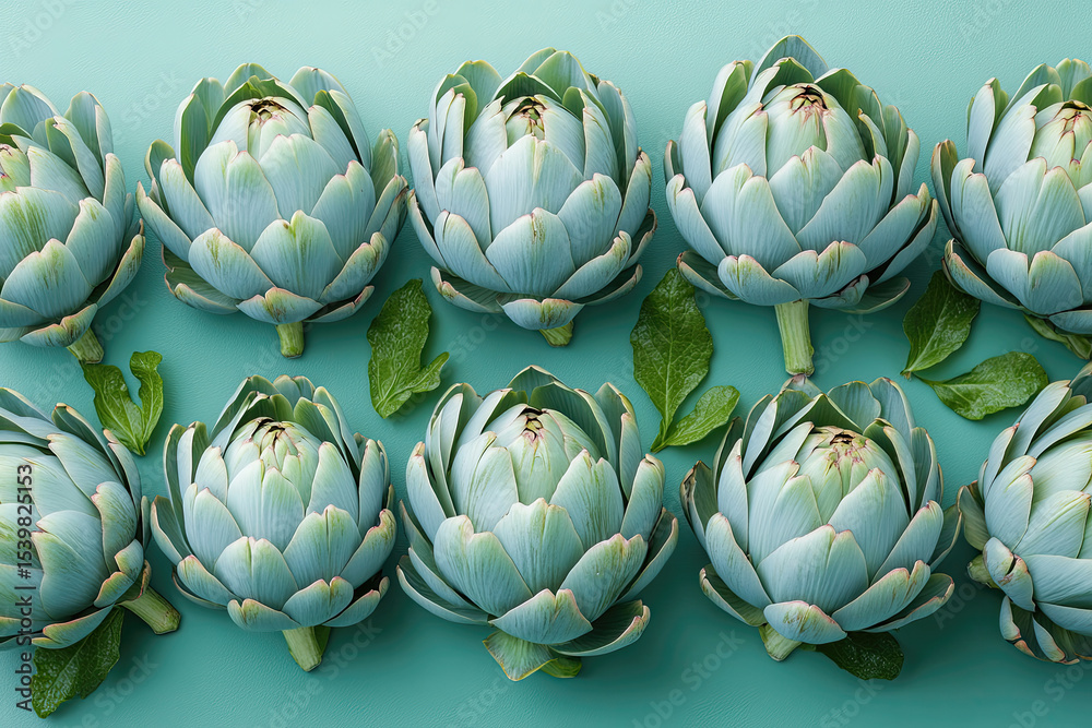 Fototapeta premium Natural Light Illuminates French Artichokes in Artistic Flatlay Composition