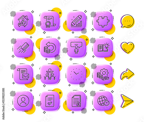 Work home, Mail letter and Approved checklist line icons. App 3d buttons. Social media comment, share, like icons. Pack of Edit statistics, Time, Certificate icon. Vector