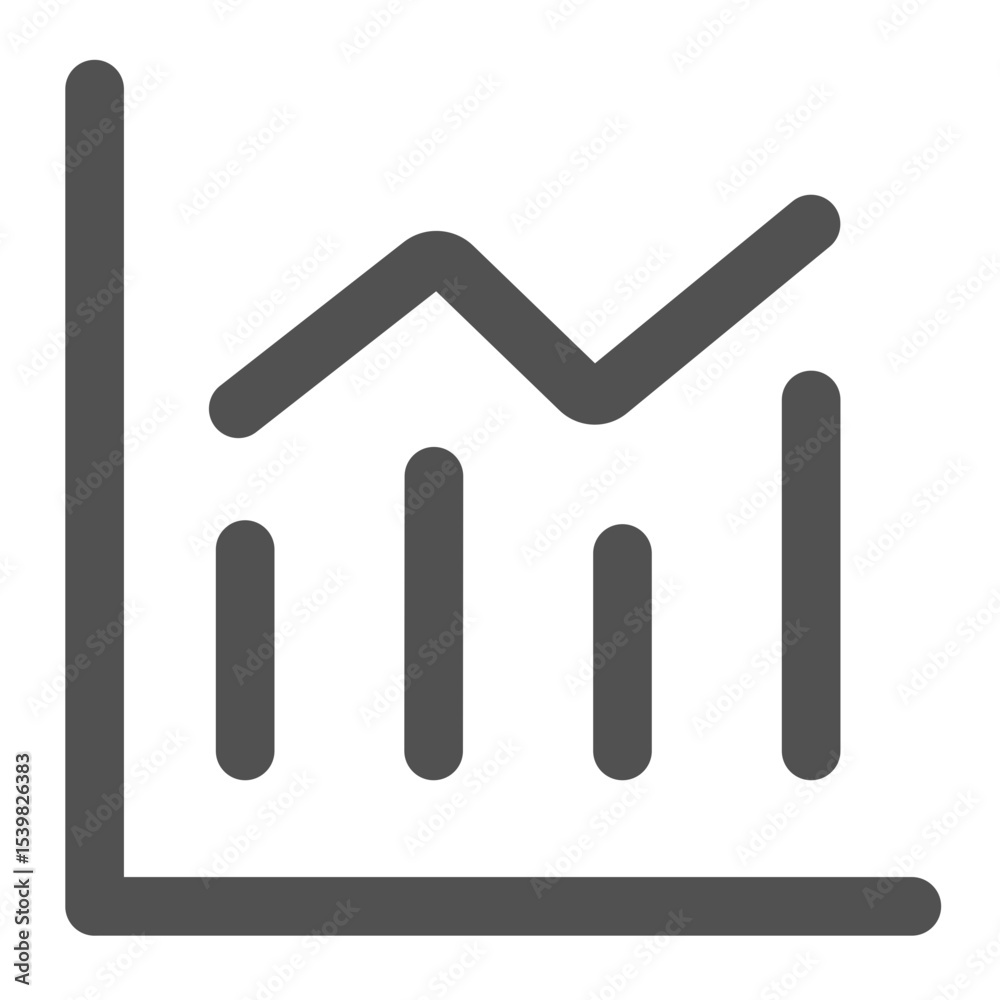 Illustration of a simple graph with vertical bars and a line showing an upward trend in gray color Illustration of a simple graph with vertical bars and a line showing an upward trend in gray color