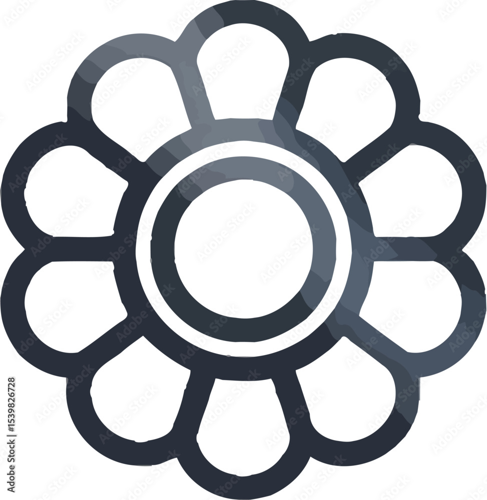 Obraz premium A minimalist flower icon with rounded petals and a circular center on a white background with light