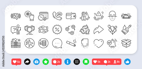 Car, Friends community and Smoking line icons pack. Social media: share, comment, like icons. Cardio calendar, Balloons, Payment methods web icon. Flight mode, 24h service, Shields pictogram. Vector