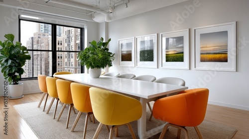Large, white table with a variety of chairs around it, including some yellow chairs. The chairs are arranged in a semi-circle around the table, and there are several potted plants in the room