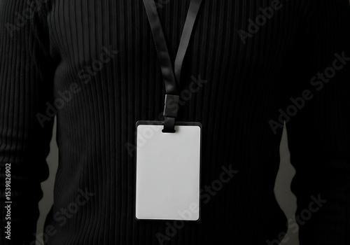 Mockup of person wearing blank ID badge, lanyard tag mockup for office, event, or branding identity use
