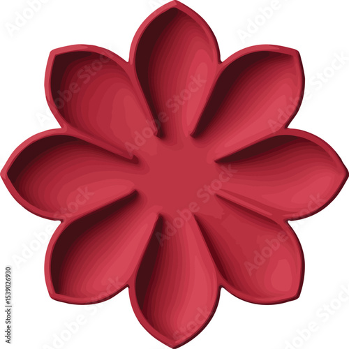A red flower with eight petals is displayed against a light pink background in a simple composition