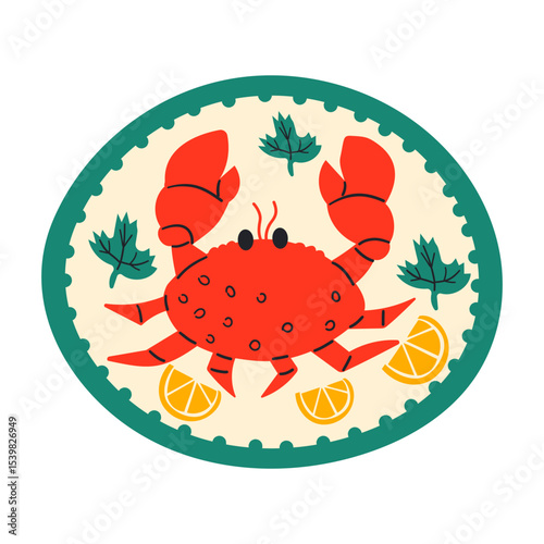 Singapore Chilli Crab in vector illustration , Mediterranean sea food , summer vibe . Red crab on hand drawn plate with lemon