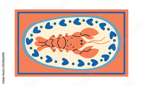 Lobster on plate with seafood restaurant menu concept vector illustration . Mediterranean sea food flat hand drawn illustration , summer vibe .