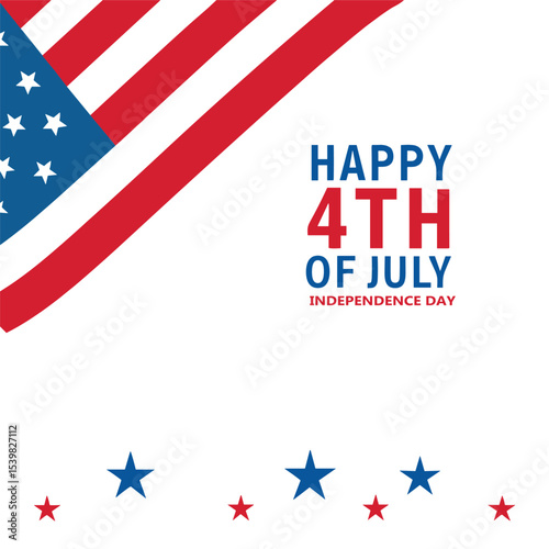 Happy 4th of July Independence Day Banner with Flag, USA Patriotic Stars and Stripes Graphic for July Fourth, American Independence Day Celebration Poster Design.