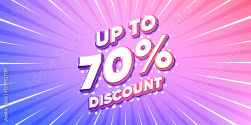 Discount tag sun rays gradient banner. Light burst background. Up to 70 percent discount. Sale offer price sign. Special offer symbol. Save 70 percentages. Gradient sun rays. Sunburst light. Vector