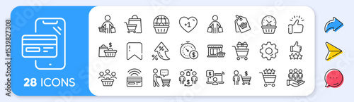 Buyer customer line icons. Interest rate, AI generate, Inflation icons. Contactless payment card, shopping cart and group of people. Store, buyer loyalty card, client ranking set icons. Vector