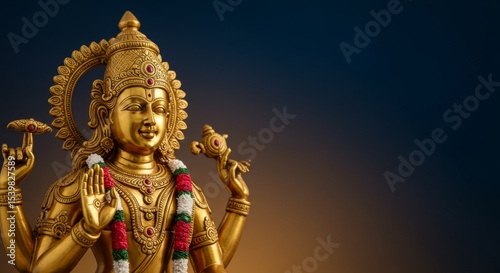 Golden statue of Vishnu on smooth gradient background
