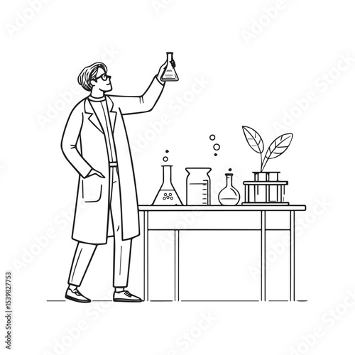 Continuous one line drawing of female scientist holding test tube, scientific experiment, laboratory research concept, single line art