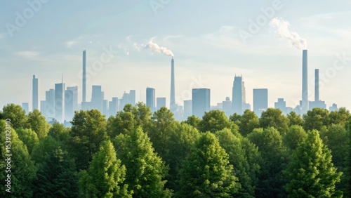 Urban skyline with smokestacks, surrounded by greenery, depicting industrial and natural elements in harmony.