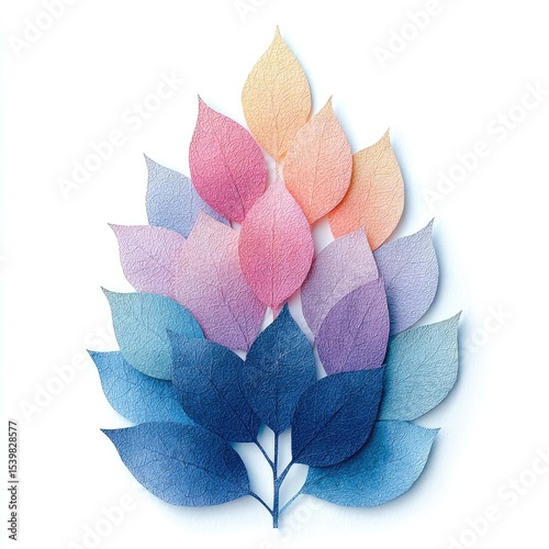Pastel-hued leaves arranged in a gradient, forming a stylized branch against a white background.  The leaves appear delicate and possibly crafted from paper