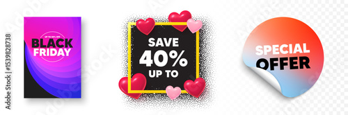 Discount photo frame 3d hearts. Special offer sticker banner. Save up to 40 percent. Discount Sale offer price sign. Special offer symbol. Black friday poster. Promo background. Vector