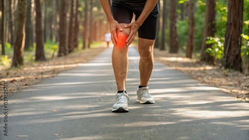 A runner experiences knee pain while jogging on a forest path, illustrating the impact of exercise on joint health.