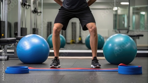 Man preparing for a workout in a gym with exercise balls and resistance bands on the floor.
