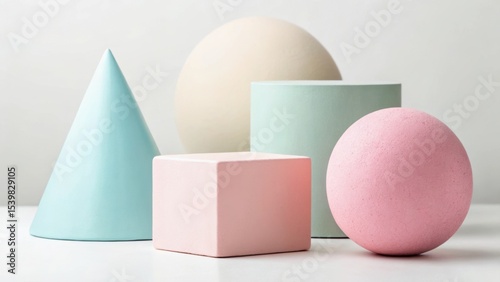 Colorful geometric shapes arranged artistically, featuring a cone, sphere, cylinder, cube, and textured sphere in pastel colors.