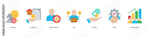 Targeted Marketing Strategy banner web icon set vector illustration concept with icon of strategy, collateral, niche market, b2c, pricing, crm, demographic