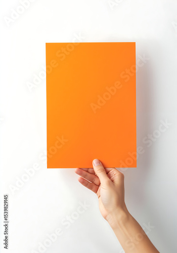 Mockup of hand holding bright orange paper, print design mockup for branding and promotional visuals
