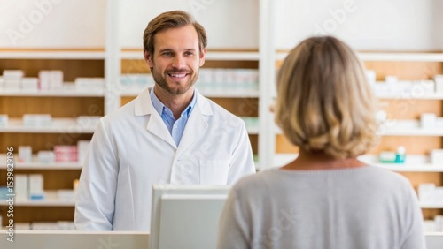 A friendly pharmacist assists a customer at a modern pharmacy counter, showcasing a welcoming and professional atmosphere.