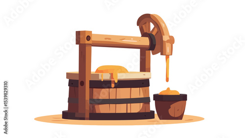 A digital illustration depicting a stylized wooden well with a wooden bucket.  Honey is depicted pouring from the well's spout into a smaller earthenware pot. The style is cartoonish and flat