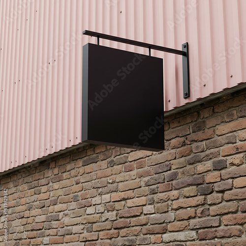 Mockup of black wall hanging sign, exterior signage mockup for store branding and identity design
