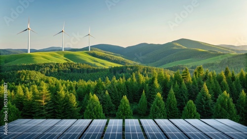 Sustainable landscape with wind turbines and solar panels, showcasing renewable energy in a lush, green environment.