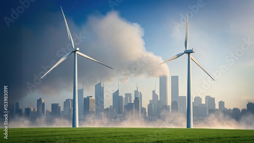 Wind turbines stand in the foreground against a city skyline partially shrouded in clouds, symbolizing renewable energy and urban life.