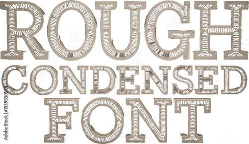 Close up shot of rough condensed font text on a dark background with detailed letter design style