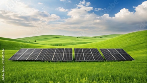 Solar panels in a lush green landscape under a blue sky with clouds, showcasing renewable energy in nature.