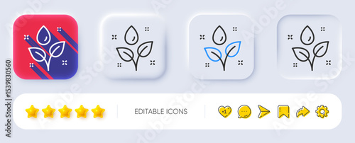 Plants watering line icon. Neumorphic, Flat shadow, 3d buttons. Leaves dew sign. Environmental care symbol. Line plants watering icon. Social media icons. Vector
