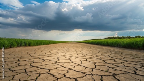 Cracked earth stretches toward a cloudy sky, suggesting drought and environmental change in a rural landscape.
