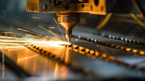 Close-up of a laser cutting machine in operation, precision-cutting a stainless steel workpiece with a high - intensity beam, smoke extraction system active, and control panel displaying cutting param