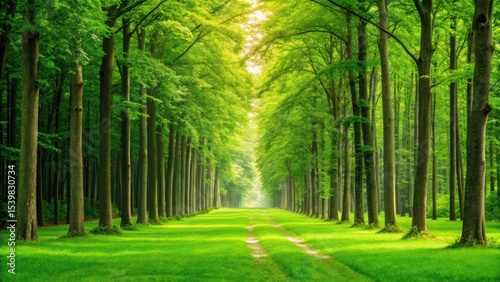 Serene tree-lined pathway with vibrant green grass under a bright, sunlit canopy.