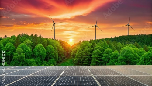 Vibrant sunset over wind turbines and solar panels amidst lush greenery, showcasing renewable energy sources in a serene landscape.