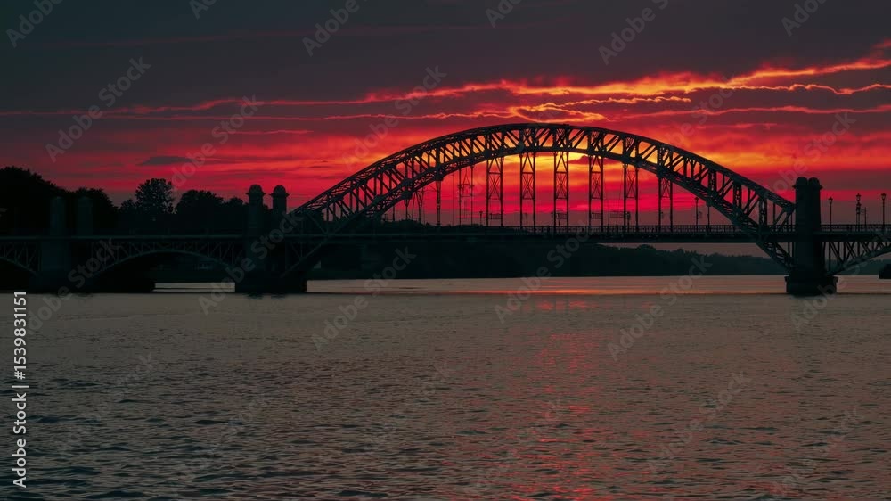 Stunning sunset view over the bridge and river, capturing the vibrant colors of dusk in a serene environment Stunning sunset view over the bridge and river, capturing the vibrant colors of dusk in a serene environment