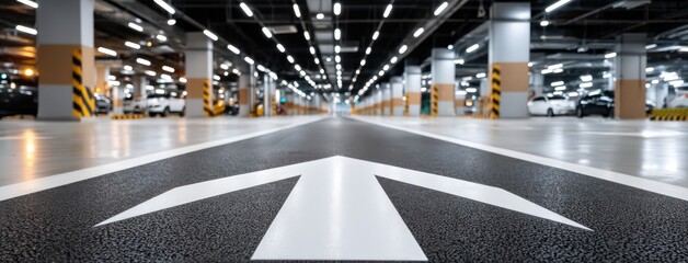 Well-lit underground parking lot features white arrow signs on a smooth floor, showcasing a clean and open environment