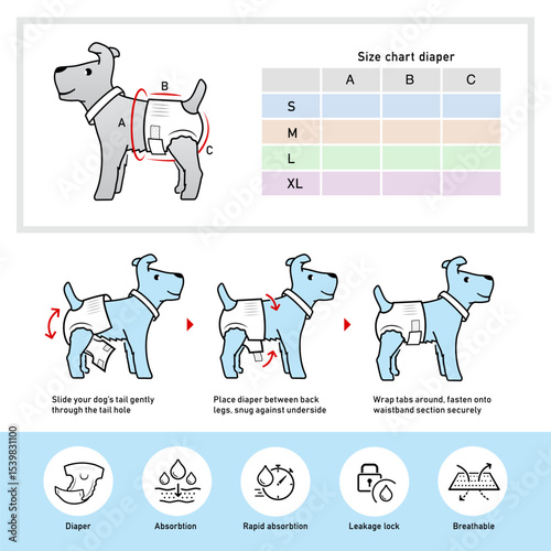 Icons set for instruction of using dogs diapers. Vector elements for infographics. Set of sign for detailed guideline. Ready for your design. EPS10.