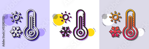 Weather thermometer line icon. Halftone dotted pattern. Gradient icon with grain shadow. Winter snowflake, sun sign. Temperature symbol. Line weather thermometer icon. Various designs. Vector