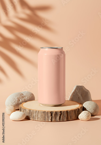 Mockup of pink soda can on natural podium, beverage can mockup for branding and eco-friendly product design
