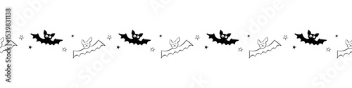 Edging, ribbon, border with flying bats, stars. Vector seamless pattern, divider, ornament, decorative element, decoration for Halloween in hand drawn, flat style isolated.