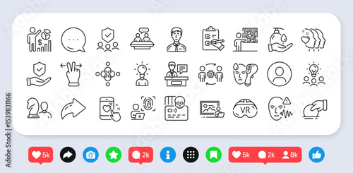 Heart rating, Business skill and Donate line icons pack. Social media: share, comment, like icons. Insurance hand, Photo studio, Education web icon. Vector