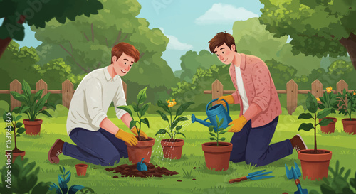 Male Friends Gardening Together Vector Illustration