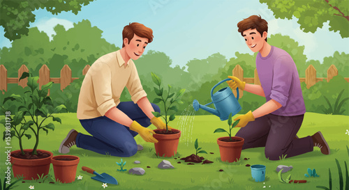 Vector Art Detailed Friends Cultivating Plants in Garden